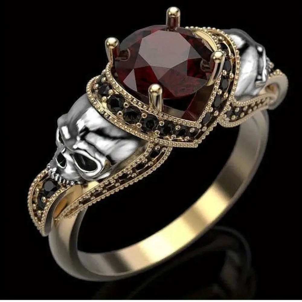 Gold and Silver Skull Ring with Red Crystal